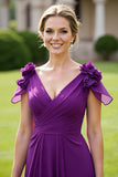 Grape Chiffon V-Neck Long Floral Mother of the Bride Dress