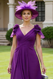 Grape Chiffon V-Neck Long Floral Mother of the Bride Dress