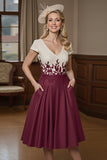 Burgundy Satin Midi A Line Mother of the Bride Dress with Appliques