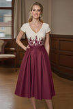 Burgundy Satin Midi A Line Mother of the Bride Dress with Appliques