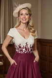 Burgundy Satin Midi A Line Mother of the Bride Dress with Appliques