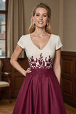 Burgundy Satin Midi A Line Mother of the Bride Dress with Appliques