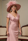 Dusty Rose Satin Sheath Long Mother of the Bride Dress with Short Sleeves