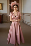 Dusty Rose Satin A Line V-Neck Midi Mother of the Bride Dress