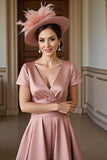 Dusty Rose Satin A Line V-Neck Midi Mother of the Bride Dress