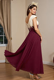 Burgundy Satin Appliqued Long Mother of the Bride Dress with Cap Sleeves