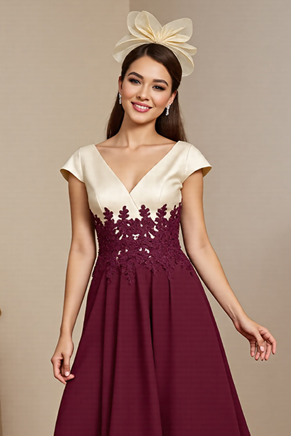 Burgundy Satin Appliqued Long Mother of the Bride Dress with Cap Sleeves