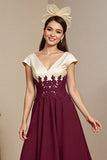 Burgundy Satin Appliqued Long Mother of the Bride Dress with Cap Sleeves