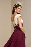 Burgundy Satin Appliqued Long Mother of the Bride Dress with Cap Sleeves