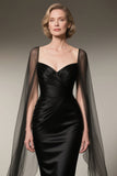 Black Satin Long Mermaid Mother of the Bride Dress with Cape