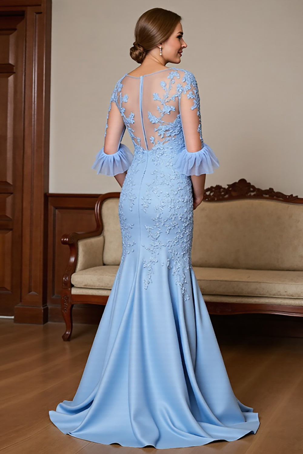 Sky Blue Satin V-Neck Long Mermaid Mother of the Bride Dress with Lace