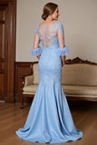 Sky Blue Satin V-Neck Long Mermaid Mother of the Bride Dress with Lace