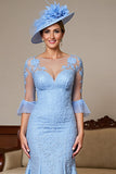 Sky Blue Satin V-Neck Long Mermaid Mother of the Bride Dress with Lace