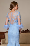 Sky Blue Satin V-Neck Long Mermaid Mother of the Bride Dress with Lace