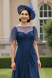 Navy Chiffon A Line Illusion Neck Long Mother of the Bride Dress
