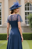 Navy Chiffon A Line Illusion Neck Long Mother of the Bride Dress