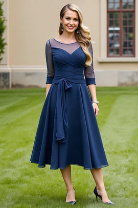 Navy Chiffon A Line Tie Front Midi Mother of the Bride Dress with Bow