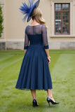 Navy Chiffon A Line Tie Front Midi Mother of the Bride Dress with Bow