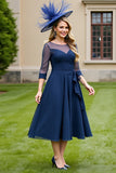 Navy Chiffon A Line Tie Front Midi Mother of the Bride Dress with Bow