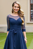 Navy Chiffon A Line Tie Front Midi Mother of the Bride Dress with Bow
