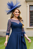 Navy Chiffon A Line Tie Front Midi Mother of the Bride Dress with Bow
