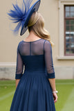 Navy Chiffon A Line Tie Front Midi Mother of the Bride Dress with Bow