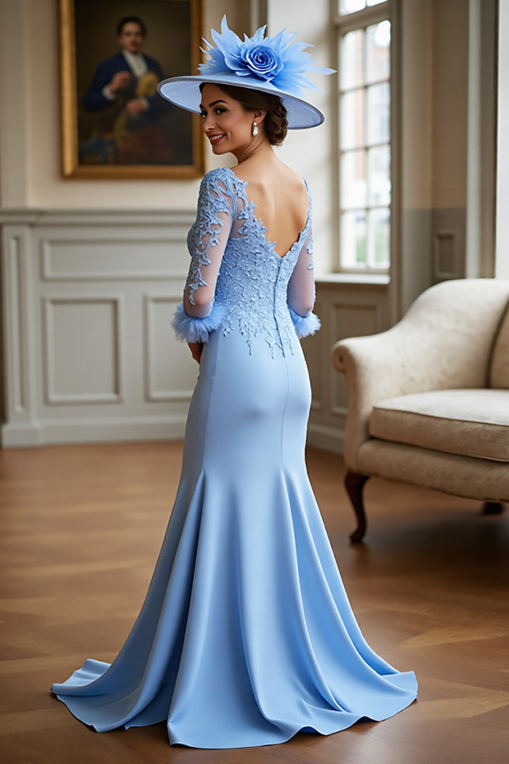 Sky Blue Satin Long Sleeves V-Neck Mother of the Bride Dress with Lace