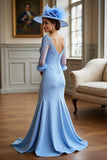 Sky Blue Satin Long Sleeves V-Neck Mother of the Bride Dress with Lace