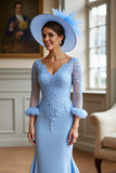 Sky Blue Satin Long Sleeves V-Neck Mother of the Bride Dress with Lace