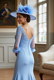 Sky Blue Satin Long Sleeves V-Neck Mother of the Bride Dress with Lace