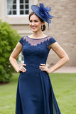 Navy A Line Chiffon Boat Neck Long Mother of the Bride Dress with Lace