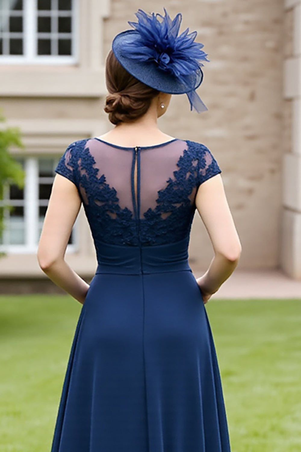 Navy A Line Chiffon Boat Neck Long Mother of the Bride Dress with Lace