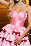 Candy Pink A Line Satin Strapless Short Tiered Homecoming Dress