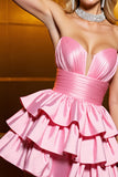 Candy Pink A Line Satin Strapless Short Tiered Homecoming Dress