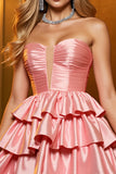 Blush Satin A Line Tiered Short Strapless Homecoming Dress