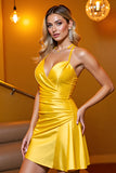 Bodycon Yellow Satin Spaghetti Straps Short Homecoming Dress