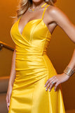 Bodycon Yellow Satin Spaghetti Straps Short Homecoming Dress