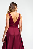 Burgundy Satin A Line Boat Neck Long Formal Dress with Appliques