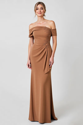 Brown Off the Shoulder Ruched Long Mother of the Bride Dress