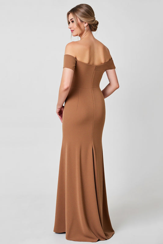 Brown Off the Shoulder Ruched Long Mother of the Bride Dress
