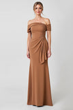 Brown Off the Shoulder Ruched Long Mother of the Bride Dress