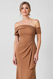 Brown Off the Shoulder Ruched Long Mother of the Bride Dress