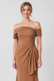 Brown Off the Shoulder Ruched Long Mother of the Bride Dress