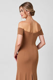 Brown Off the Shoulder Ruched Long Mother of the Bride Dress