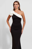 Black Satin One Shoulder Long Black Tie Dress