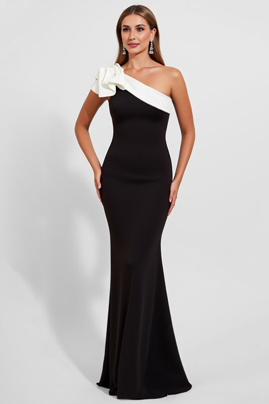 Black Satin One Shoulder Long Black Tie Dress Mermaid Floor-Length Formal Dress