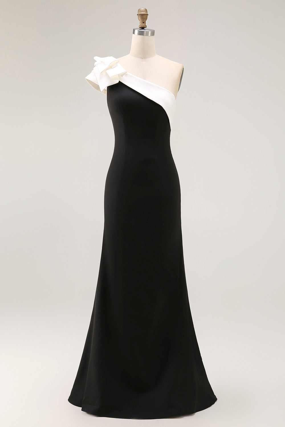 Black One Shoulder Satin Mermaid Long Black Tie Dress