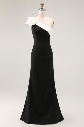 Black One Shoulder Satin Mermaid Long Black Tie Dress
