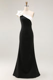 Black One Shoulder Satin Mermaid Long Black Tie Dress