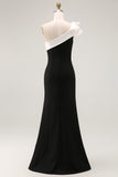 Black Satin One Shoulder Long Black Tie Dress